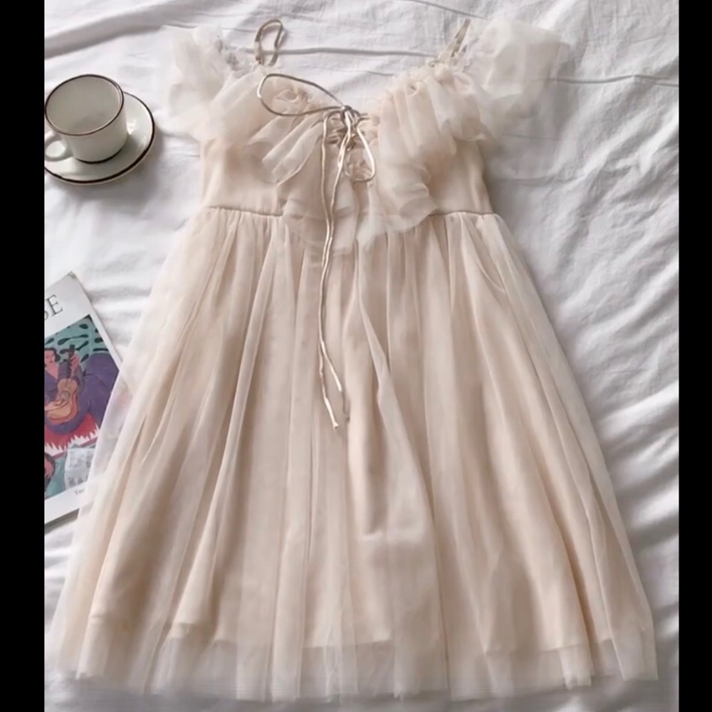 Lace up dress Ruffle off shoulder cream beige  lace fairy princess - Picture 3 of 16